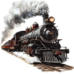 May include: A vintage steam locomotive train with black and red paint, smoke billowing from the chimney, and the number "228" on the side. The train is moving forward on a set of tracks.