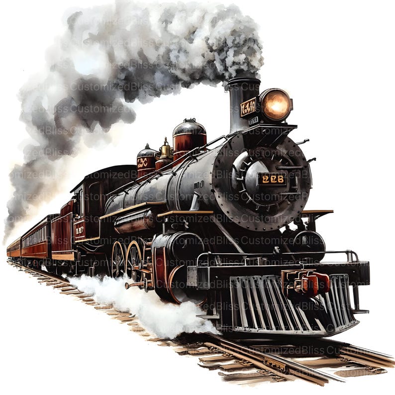 May include: A vintage steam locomotive train with black and red paint, smoke billowing from the chimney, and the number "228" on the side. The train is moving forward on a set of tracks.