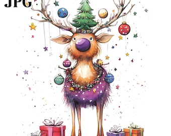 20 Quirky Christmas Reindeer Clipart, Santa Deer Clipart, High Quality JPGs, Watercolor Clipart, Junk Journal, Digital Download, Paper Craft