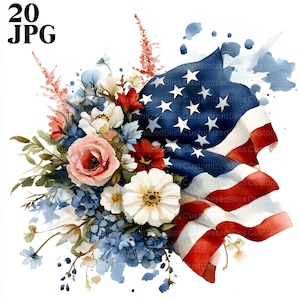 May include: A watercolor painting of a bouquet of red, white, and blue flowers with an American flag draped over the top. The flowers are arranged in a loose, flowing style, and the flag is slightly ruffled, giving the image a sense of movement. The background is a soft white.