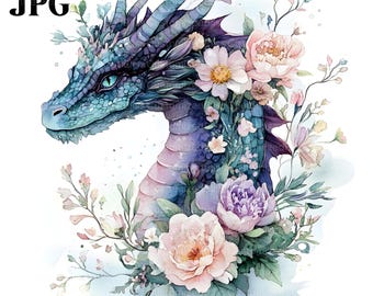 18 Floral Dragons Clipart, Fantasy Dragon, Fantasy Clipart, Dragon Images, Colorful Dragons, High Quality JPG, Junk Journal Digital Download