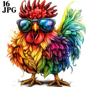 16 imágenes prediseñadas de gallos coloridos, pollo arcoíris, pájaro con gafas de sol, imágenes prediseñadas de animales de granja, archivos JPG de alta calidad, diario basura, descarga digital
