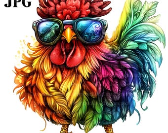 16 Colorful Rooster Clipart, Rainbow Chicken, Sunglasses Bird, Farm Animal Clipart, High Quality JPGs, Junk Journal, Digital Download