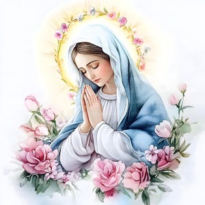 May include: A watercolor painting of a woman with long brown hair wearing a blue robe and a crown of flowers. She is praying with her hands clasped together. The painting is surrounded by pink flowers.