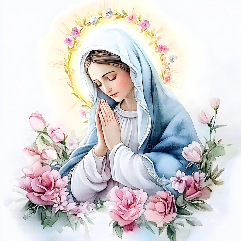 May include: A watercolor painting of a woman with long brown hair wearing a blue robe and a crown of flowers. She is praying with her hands clasped together. The painting is surrounded by pink flowers.