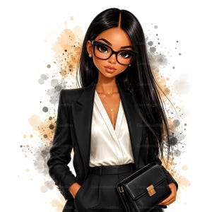 May include: Illustration of a woman in a black business suit, white blouse, and glasses. She is holding a black purse with a gold clasp. The background has abstract paint splatters.