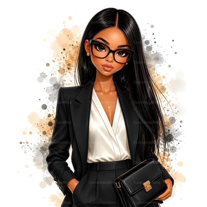 May include: Illustration of a woman in a black business suit, white blouse, and glasses. She is holding a black purse with a gold clasp. The background has abstract paint splatters.