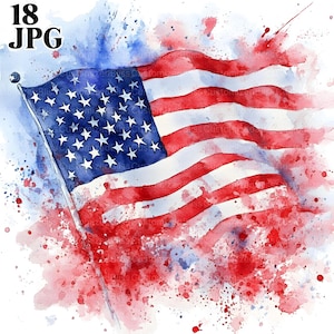 18 Watercolor American Flag Clipart, USA Flag Clipart, Patriotic USA Flag, 4th of July Clipart, Patriotic Clipart, High Quality JPG, Digital