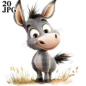 Paquete de 20 imágenes prediseñadas de burros de dibujos animados, burro lindo, burro peculiar, animales de granja, imágenes prediseñadas de acuarela, imágenes prediseñadas, descarga digital, diario basura