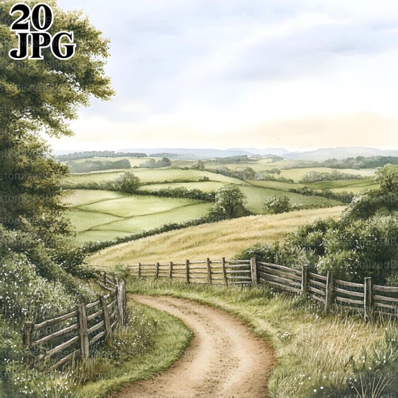 20 Country Lanes Clipart, Countryside Clipart, Landscape Clipart, High Quality JPG, Watercolor Clipart, Junk Journal, Digital Download Craft