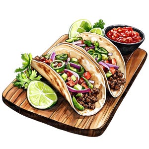 May include: Two soft tacos filled with ground beef, diced tomatoes, onions, avocado, and jalapenos. The tacos are on a wooden cutting board with a side of salsa and lime wedges.