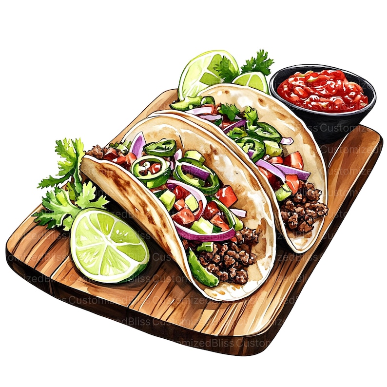 May include: Two soft tacos filled with ground beef, diced tomatoes, onions, avocado, and jalapenos. The tacos are on a wooden cutting board with a side of salsa and lime wedges.