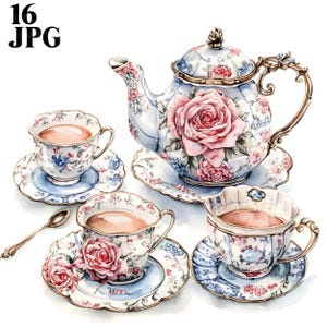 16 Vintage Teapot and Tea Cups Clipart, Teapot Clipart, Tea Clipart, Vintage Clipart, Floral Clipart, Junk Journal, Digital Download, JPG