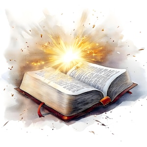 Peut inclure: Un livre ouvert avec une lumi&egrave;re dor&eacute;e brillante &eacute;manant de ses pages. Le livre est entour&eacute; d'un fond ressemblant &agrave; une aquarelle avec des &eacute;claboussures de couleur.