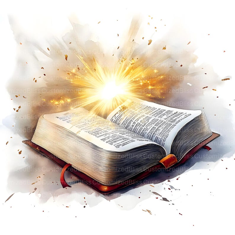 Peut inclure: Un livre ouvert avec une lumi&egrave;re dor&eacute;e brillante &eacute;manant de ses pages. Le livre est entour&eacute; d'un fond ressemblant &agrave; une aquarelle avec des &eacute;claboussures de couleur.