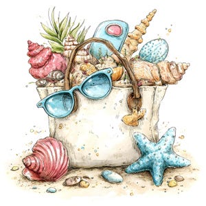 May include: Watercolour illustration of a beach bag filled with seashells, sunglasses, and a small blue bottle. A large pink seashell and a blue starfish are on the sand. The bag has a brown handle and a starfish charm.