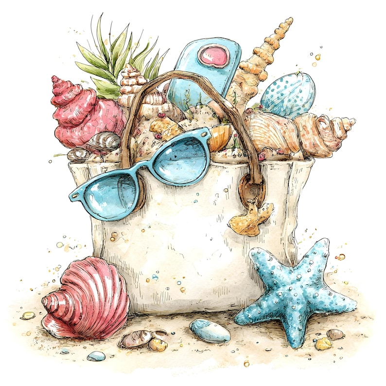 May include: Watercolour illustration of a beach bag filled with seashells, sunglasses, and a small blue bottle. A large pink seashell and a blue starfish are on the sand. The bag has a brown handle and a starfish charm.