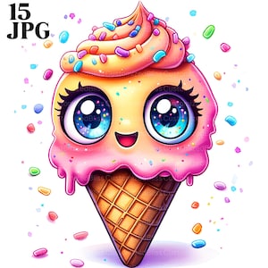 Niedliche Eistüte Clipart, 15 hochwertige JPGs, Kawaii Eis Clipart Bundle, süße Leckerei Clipart, Dessert Clipart, kommerzielle Nutzung