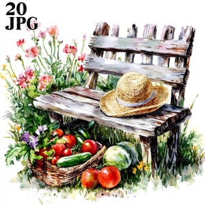 20 Garden Clipart, Garden Bench Clipart, Summer Clipart, High Quality JPGs, Watercolor Clipart, Junk Journal, Digital Download, Paper Craft