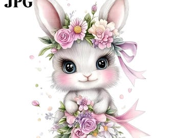 16 imagens de coelhos florais, coelho floral, coelho da primavera, coelho florido, imagens de Páscoa, JPG de alta qualidade, ideal para diário de arte, download digital e artesanato.