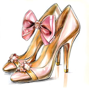 Pu&ograve; includere: Illustrazione di un paio di scarpe col tacco alto. Le scarpe sono di colore rosa chiaro con dettagli dorati e un grande fiocco rosa sul lato. I tacchi sono dorati e il design generale &egrave; elegante e femminile.