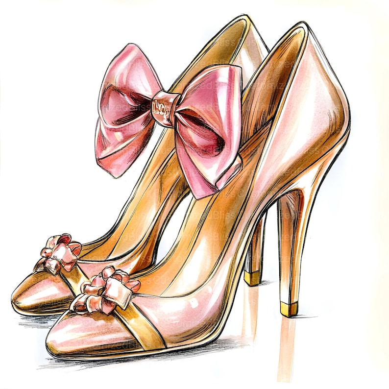 Pu&ograve; includere: Illustrazione di un paio di scarpe col tacco alto. Le scarpe sono di colore rosa chiaro con dettagli dorati e un grande fiocco rosa sul lato. I tacchi sono dorati e il design generale &egrave; elegante e femminile.