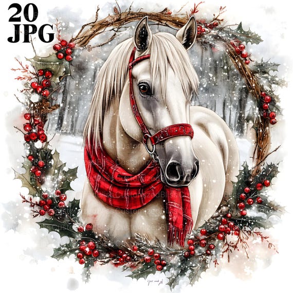 20 Christmas Horses Clipart, Christmas Clipart, Winter Clipart, High Quality JPGs, Digital Download, Card Making, Junk Journal, Watercolor