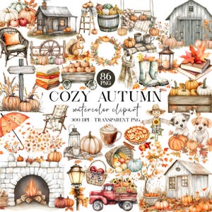 Watercolor Autumn Clipart Bundle, Cozy Autumn PNG, Fall Clip Art, Cozy Fall PNG, Cottagecore Fall Illustrations, Rustic Autumn Graphics