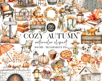 May include: A set of 86 watercolor clipart images featuring cozy autumn themes. The images include pumpkins, leaves, a scarecrow, a fireplace, a truck, a lantern, a squirrel, a dog, a house, a wreath, a mug of coffee, a pie, a basket of apples, and more.