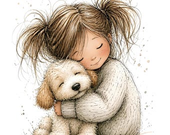 25 Whimsical Girl & Dog Love Clipart, Pet Love Clipart, Child Clipart, Girl Clipart, Whimsical Clipart Watercolor Clipart, Junk Journal, JPG