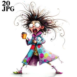 Puede incluir: Una ilustración de dibujos animados de una mujer con el pelo marrón salvaje, vistiendo un abrigo de lunares de colores y sosteniendo una taza de café. Tiene una expresión de sorpresa en su rostro.