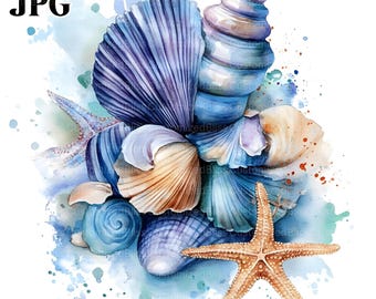 12 Seashell Clipart, Watercolor Starfish and Shells Clipart, Ocean clipart, High Quality JPGs, Digital Download, Junk Journal, Paper Craft