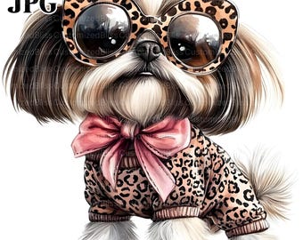 16 Shih Tzu Clipart, Leopard Bow Clipart, Dog Clipart, Animal Print, Cheetah Fur, Puppy, High Quality JPGs, Junk Journal, Digital Download