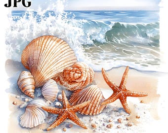 20 Sea Shells Clipart, Seashell Clipart, Ocean Clipart, High Quality JPGs, Watercolor Clipart, Junk Journal, Digital Download, Paper Craft