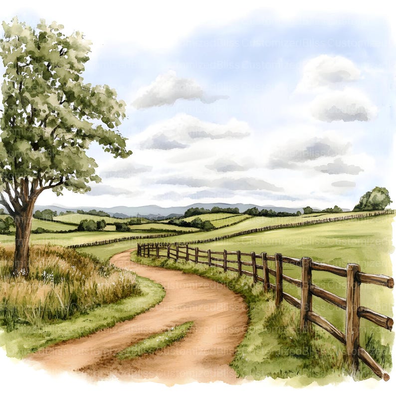 May include: A winding dirt road leads through a green field with a wooden fence on the right side. The road is surrounded by rolling hills and a blue sky with white clouds.