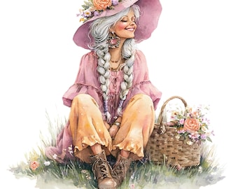 31 Boho Senior Woman Clipart, Hippie Mormor Clipart, Akvarell Hippie, Hippie Äldre Dam Clipart, Groovy Retro Kvinna, Akvarell JPG