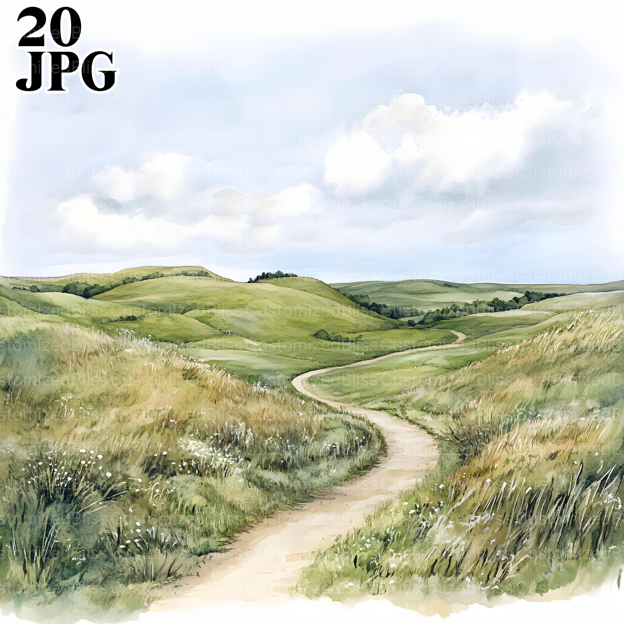 20 Steppe Landscape Clipart, Country Lanes Clipart, High Quality JPGs, Watercolor Clipart, Junk Journal, Digital Download, Paper Craft