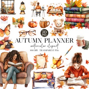 Autumn Planner Clipart, Watercolor Cozy Fall Clipart Bundle, Bookworm Autumn Clipart, Journalling PNG, Book Lover, Boho Planner, Boho Autumn