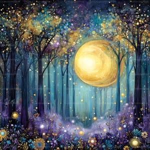 Könnte beinhalten: Eine digitale Illustration eines Waldes bei Nacht mit hohen dunklen Bäumen, einem großen leuchtenden goldenen Mond und einem Feld aus violetten und blauen Blumen. Die Szene ist mit goldenen Lichtpartikeln und leuchtenden Kugeln gefüllt.