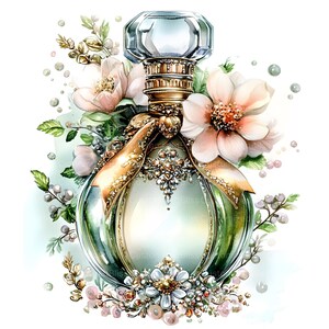 May include: A vintage-style perfume bottle with a gold and green design, adorned with a large bow and pearl accents. The bottle is surrounded by delicate white flowers and green leaves.