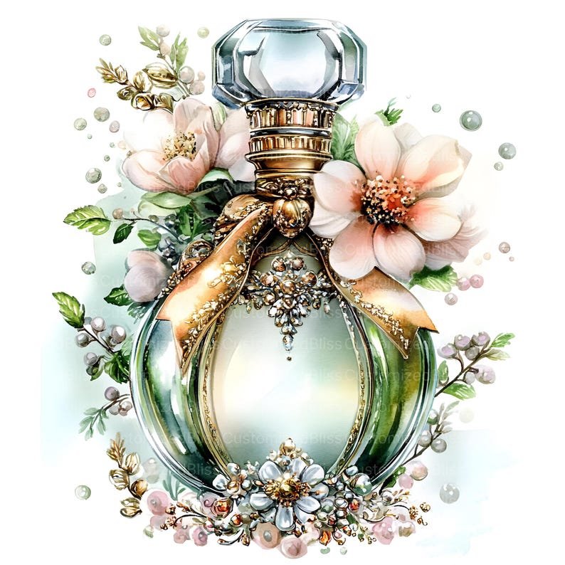 May include: A vintage-style perfume bottle with a gold and green design, adorned with a large bow and pearl accents. The bottle is surrounded by delicate white flowers and green leaves.