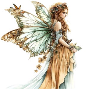 May include: A fairy with long, flowing red hair and a golden dress with a floral crown. She has large, iridescent wings with a green and brown pattern. She is holding a small butterfly in her hand.
