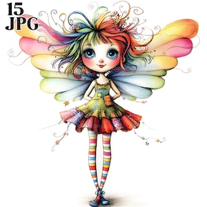 Image clipart fée originale, 15 fichiers JPG aquarelle haute résolution pour publipostage, scrapbooking, fabrication de cartes, kit de téléchargement numérique, fille excentrique de fées