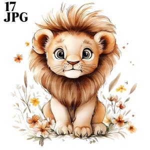 17 Watercolor Lion Clipart, Happy Baby Lion, Cute Lion, High Quality JPGs, Watercolor Clipart, Junk Journal, Digital Download, Paper Craft