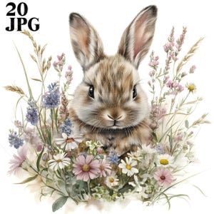 20 Floral Bunnies Clipart, Bunny Clipart, Cute Bunny, Bunny Rabbit Clipart, Flower Clipart, High Quality JPG, Junk Journal, Digital Download
