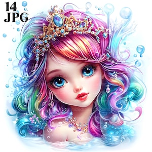 14 Clipart sirène mignon, sirène de chambre d'enfant, décoration de fête sirène, fête sirène, thème de l'océan, des cliparts fantastique, utilisation commerciale de fichiers JPG de haute qualité