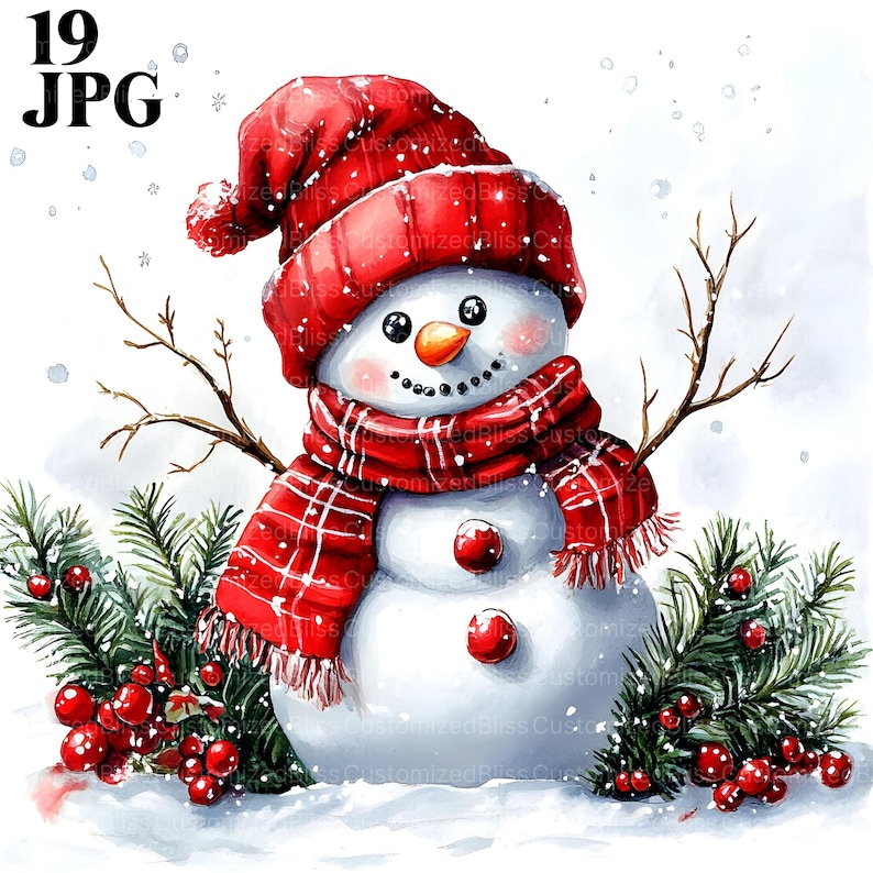 May include: A snowman wearing a red knit hat and a red and white plaid scarf. The snowman is standing in the snow with green pine branches and red berries on either side.