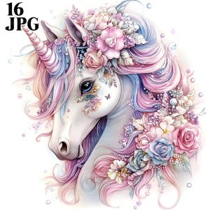 16 ユニコーン クリップアート、印刷可能なユニコーン、誕生日クリップアート、パーティー招待状クリップアート、ファンタジー クリップアート、デジタル ダウンロード、保育園の壁アート、JPG