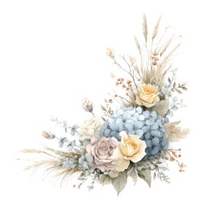 May include: A floral arrangement featuring a cluster of light blue hydrangea blossoms, soft cream and muted mauve roses, and dried grasses. The composition includes delicate green foliage and small sprigs, all arranged in a corner-shaped design.
