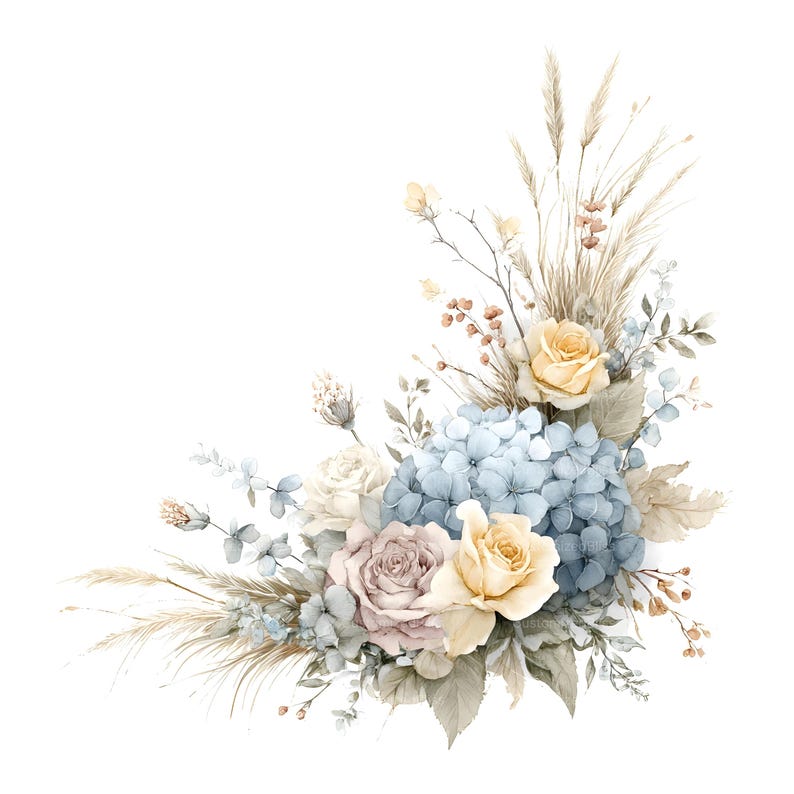 May include: A floral arrangement featuring a cluster of light blue hydrangea blossoms, soft cream and muted mauve roses, and dried grasses. The composition includes delicate green foliage and small sprigs, all arranged in a corner-shaped design.